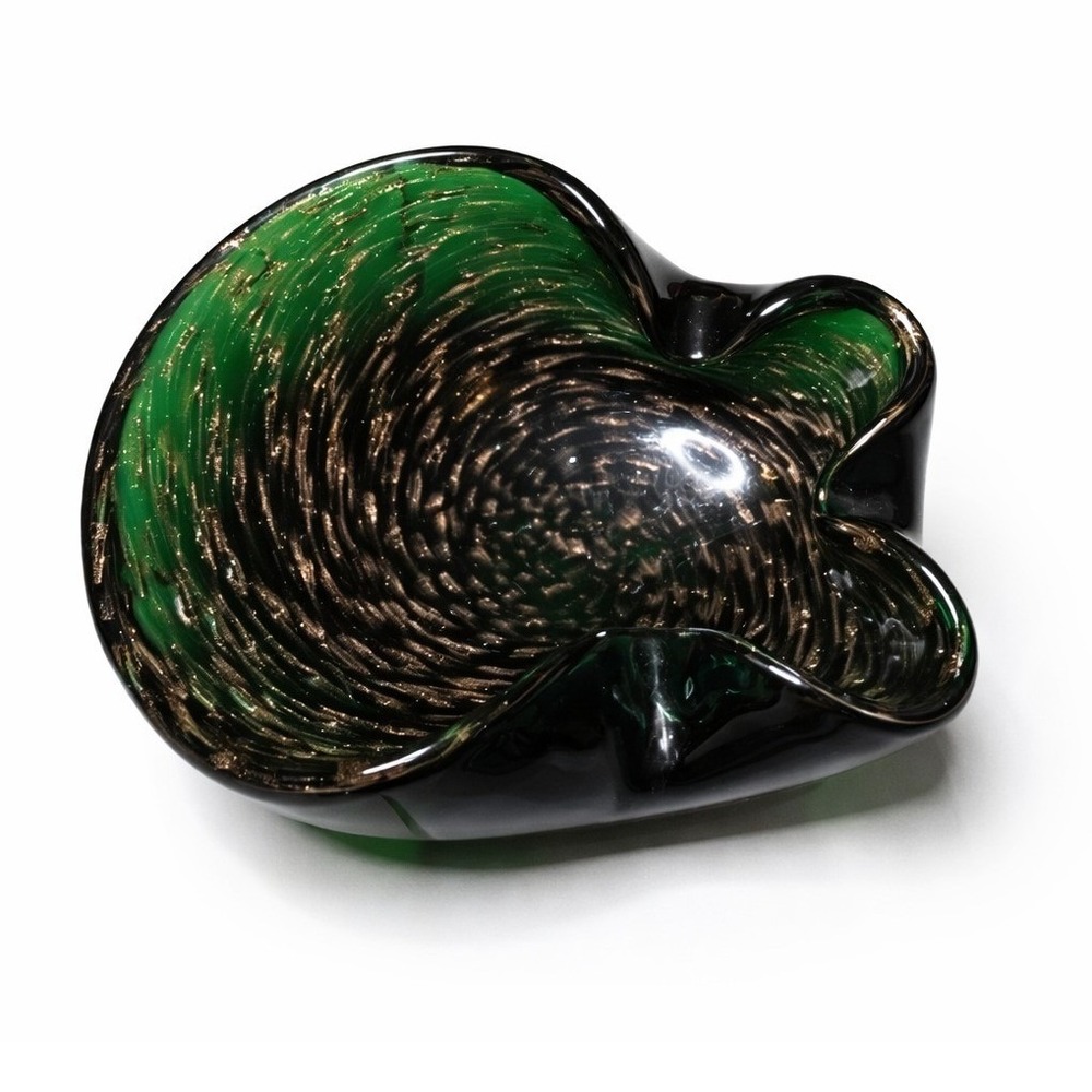 Murano Style Art Glass Bowl Green Aventurine Bullicante Controlled Bubble C3